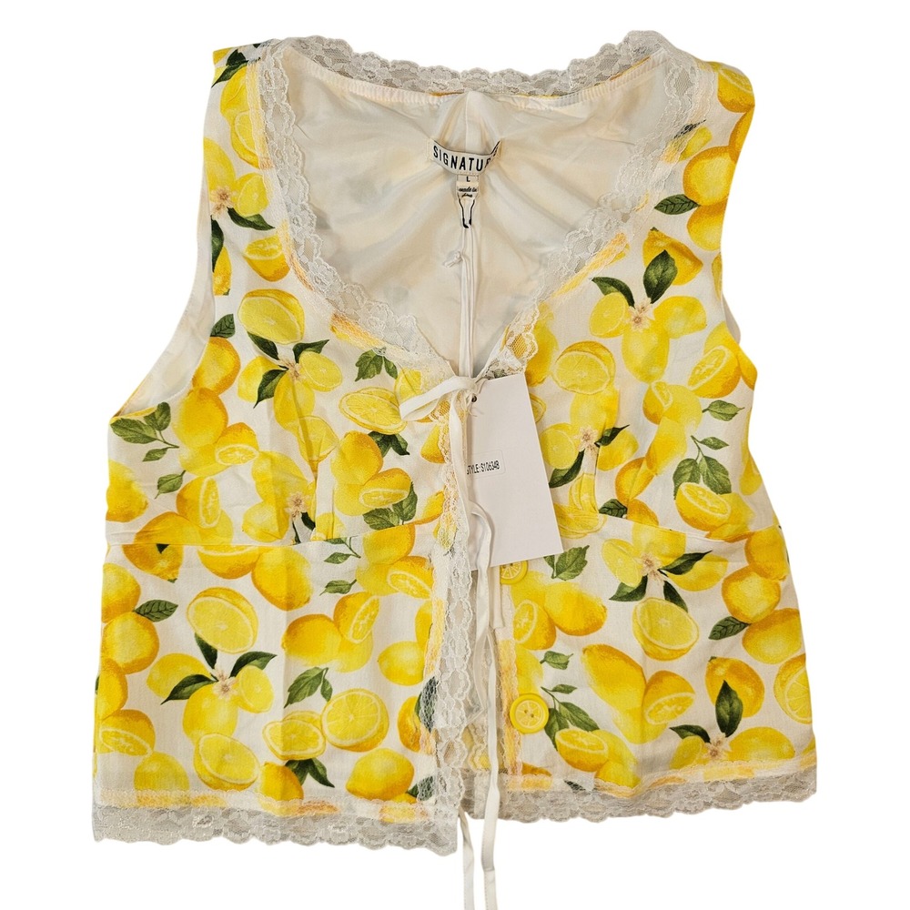 Signature 8 Lemon Print Tie Front Lace Trim Vest Top Yellow White S10634B Large